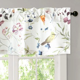 Leeva Birds Printing Curtains for Kitchen Windows, Spring Plants Patterned Valances for Windows, Linen Textured Decorative Window Valances for Bedroom, 52 x 12, Rod Pocket Top