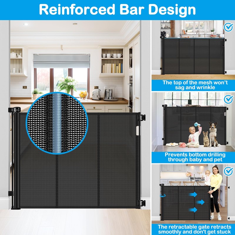 Reinforced 42 Inch Extra Tall Retractable Dog Gate with Reinforced