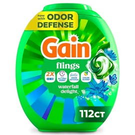 Gain Flings Liquid Washing Detergent Pacs, Now with Odor Defense + Color Guard, Waterfall Delight Scent, 4-In-1 Liquid Laundry Detergent Pods, Clean & Fresh, 112 Count (Packaging May Vary)