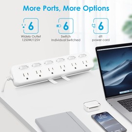 Desk Clamp Power Strip Individual Switches, JUNNUJ 6 Outlet 800J Surge Protector Clamp Outlet Desktop Removable Table Desk Mount Clamp Socket, Tabletop Edge Power Station 6FT Power Cord White