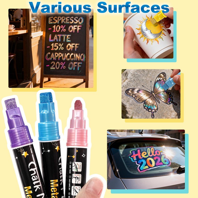 Hapickid 8 Metallic Colors Chalk Markers, 10mm Erasable Jumbo Chalk