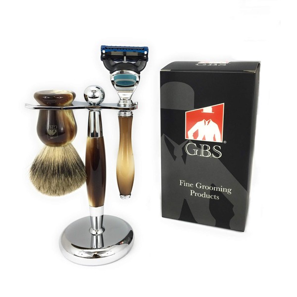 G.B.S Men's Shaving Set 5 Blade Compatible Manual Razor 6.5" Long Faux Horn Handle, 22 mm knot overall height 5.5" Tall Badger Bristle Brush, Stand Holder Durable Material Convenient Classic