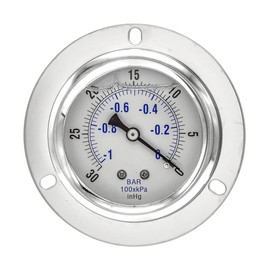 PIC Gauge PRO-204L-254A Glycerin Filled Industrial Front Flanged Panel Mount Pressure Gauge with Stainless Steel Case, Brass Internals, Plastic Lens, 2-1/2" Dial, 1/4" Male NPT, 30"/0 hg Vac psi
