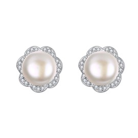EleQueen 925 Sterling Silver CZ AAA Button Cream Freshwater Cultured Pearl Flower Bridal Stud Earrings (8mm)