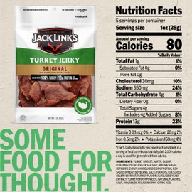 Jack Link's Turkey Jerky, Original, Jerky Bag - Flavorful Snack, Ready to Eat Protein Snacks with 13g of Protein per Serving, Made with 100% Turkey, Keto Friendly - 5 Oz.