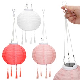 OVITEC Solar Lanterns, Boho Style, Set of 3, Red, Pink, White, Party Decoration, Vintage Style, Outdoor Weatherproof Lanterns, Fairy Lights for Garden or Balcony Decoration, Diameter Approx. 20 cm,
