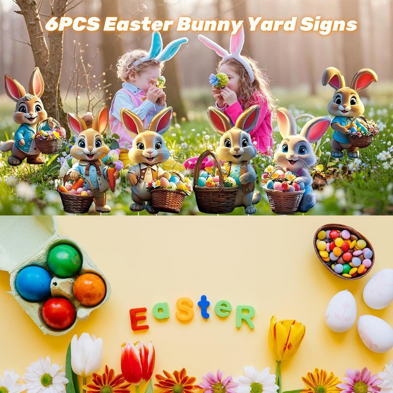 6PCS Easter Bunny Yard Signs Decorations Outdoor with Stakes Cute