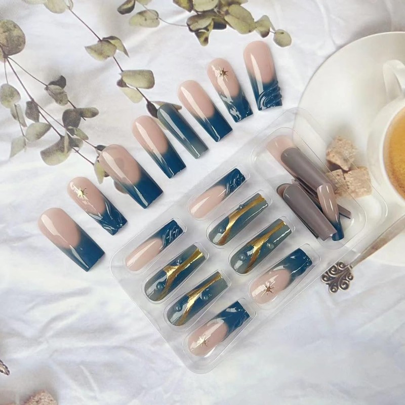 Long Square Press-On Nails Set, Nude Pink to Navy Ombre