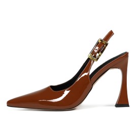 Volrina Women Slingback Pointed Toe Stiletto Pumps Slip-on Buckle Strap Patent High Heels Office Lady Casual Party Wedding Prom Fashion Shoes Brown 8