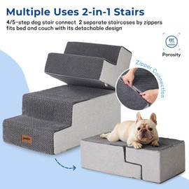 ZOMISIA Dog Stairs for Small Dogs - Pet Stairs 2 in 1 with Zippers Suitable for Couch and Bed, 35D Foam Dog Steps with Non Slip Bottom Grey 4 Steps, Grey