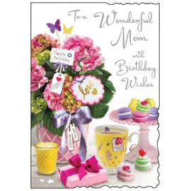 Jonny Javelin Mom Birthday Card - Happy Birthday Card with Floral Bouquet and Tea Design and Special Finishes - Birthday Cards for Women