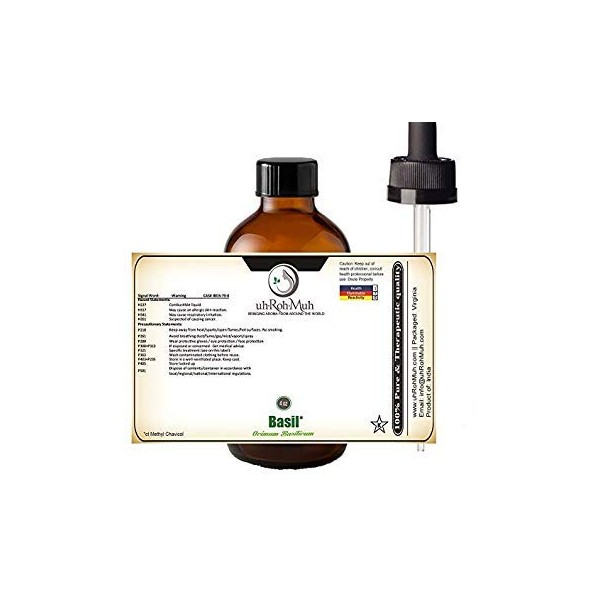 uh*Roh*Muh Pure Basil Essential Oil c.t. Methyl Chavicol | Home Essential Diffuser Oil for Aromatherapy, Perfect for Massage, Hair Care, Skin Care and Making Perfumes - India (4 oz)