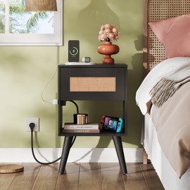 WLIVE Rattan Nightstands Set of 2 with Charging Station, Boho Nightstand, Wood Side Table, Small End Table with Drawers for Bedroom, Living Room, Black