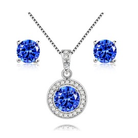 Uloveido 925 Sterling Silver Blue Natural Topaz Gemstone Necklace Pendant and Earrings Studs Bridal Wedding Jewellery Set FT003