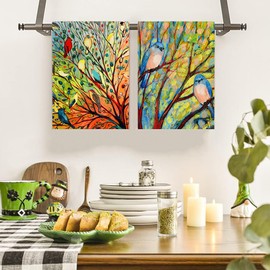 Spring Blue Birds Kitchen Towels Dish Towels, 16x24 inch Oil Painting Birds Kitchen Towels Set of 4, Decorative Hand Towels for Spring Summer Kitchen Decoration