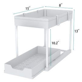 DEKAVA Cabinet, 2 Pack Under Sink Organizer, 2 Tier Sliding Bathroom Kitchen Organizer, Large White ABS Baskets, Easy Install & Clean