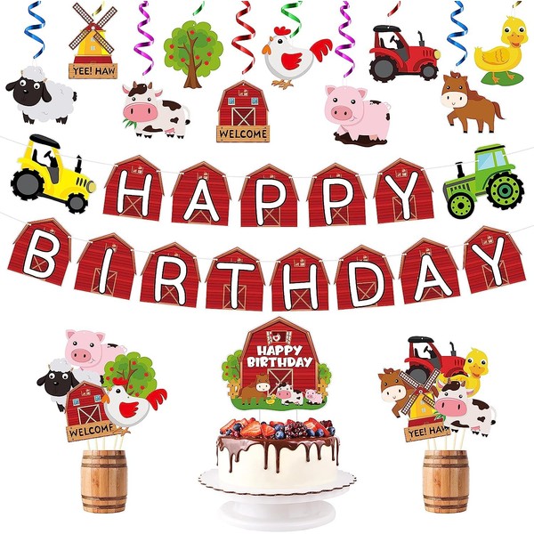 Haooryx 42Pcs Farm Birthday Party Decorations for Kids Farm Animals Barn Cutouts Backdrop Banner Hanging Swirls Cupcake Toppers Table Centerpieces Stick Photo Props Animal Themed Decor Party Supplies