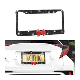 Bling Bow Car License Plate Frame, 2PCS Sparkly Rhinestone Vehicle License Plate Cover for Women Girls, Diamond Automotive Front Rear Number Tag Holder, Universal for SUV RV (Black/Red)