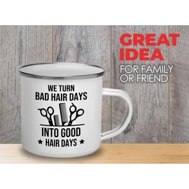 Flairy Land Hair Stylist Camper Mug 12oz - Bad Hair to Good Hair - Hair Stylist Gift Beautician Hairdresser Salon Barber Hairdo Cosmetoloist Scissors Blower