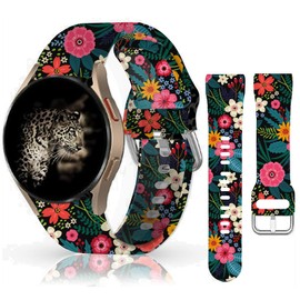 20mm Floral Silicone Sport Bands Compatible for Galaxy Watch 6/Watch 5/Galaxy Watch 4 40mm 44mm/Classic 42mm 46mm/Watch 3 41mm, Active 2 Watch Bands,Black Flower Replacement Strap for Women Men