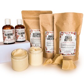 Body Butter Making Kit with Unrefined Shea Butter, Raw Cocoa Butter, Organic Beeswax, Organic Almond Oil, Instructions included - LARGE (Makes about 30 4oz Jars)