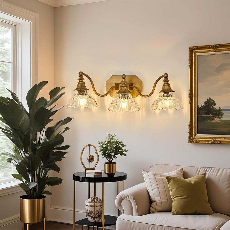 hesoge Vintage Bathroom Light Fixture Brushed Gold Vanity Light with