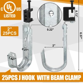 Blulu 25 Pcs Cable Support J Hook with Beam Clam Swivel Heavy Duty Metal Hangers for J Hook Hanging Cable Management Organizing Wire G60 Galvanized Steel(2 Inch)