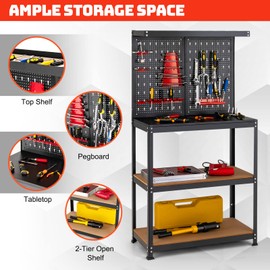 IRONMAX Workbench with Pegboard, 4 Shelves Workstation Organizer with 14 PCS Hanging Kits, Work Bench Table with Storage for Garage, Home, Workshop, Repair Shop