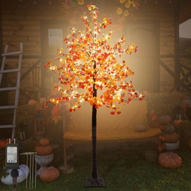 Agusbagli 6FT 240LED Lighted Fall Eucalyptus Tree Fall Decor Artificial Light Up Fall Trees with 575 Leaves, Timer, 8 Mode Thick Fall Trees with Lights Home Indoor Outdoor Autumn Thanksgiving Decor