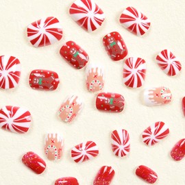 Christmas Press on Nails Short Almond Fake Nails Red False Nails with Designs Cute Gingerbread Man Candy Glitter Glossy Glue on Nails Winter Xmas Acrylic Nails for Women Girls Manicure 24Pcs