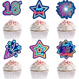 18pcs Glow 18th Cupcake Topper Set Neon Happy Birthday Colorful Glitter Star Black Light Decoration, Let's Go Crazy Glow Theme Party, Anniversary Party, Birthday Party, Birthday gifts for teens.