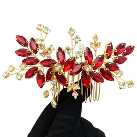 PRETTYLIFE Bridal Crystal Side Comb Wedding Rhinestone Flower Hair Pins Pieces Accessories for Women Prom (Red Rhinestone Gold Comb)