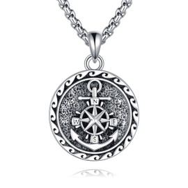 VENACOLY Anchor Compass Necklace 925 Sterling Silver Compass Pendant Sailor Nautical Anchor Chain Jewellery Gifts for Men Women Dijes de Plata 925 Para Hombres, Sterling Silver, No Gemstone