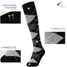 Mysocks Argyle Knee High Socks for Men and Women - Novelty Horse Riding Checkered Plaid Golf Socks - Soft Stretchy Argyle Socks Black Dark Anthracite White Line