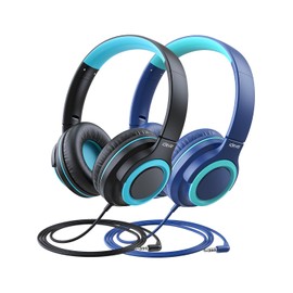 iClever [2 Pack Kids Headphones for Girls Boys 94dB Safe Volume Limited - Wired Headphones Kids with Sharing Splitter, Tangle-Free Foldable Stereo Headphones for School/Tablet/Travel, Blue&Black
