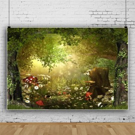 Fairy Tale Forest Wonderland Backdrops for Photography Spring Garden Green Trees Wildflowers Daisy Mushroom Sunlight Photo Background Kid Boy Girl Portrait Photoshoot Prop Party Decor (7x5ft)
