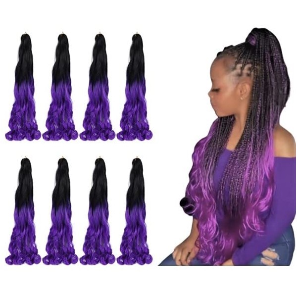 24 Inch French Curly Braiding Hair 8 bundles Loose Wavy Spiral Curl French Crochet Braid Hair (8 Bundles, Black to Purple 1B-purple)