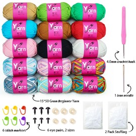 Sekafris 15 Pack Crochet Yarn Beginner - Black White Orange Red Green Rainbow Pink Yellow Cotton Chunky Yarn - with Easy-to-See Stitches Beginner Yarn for Crocheting (15 * 50g) C