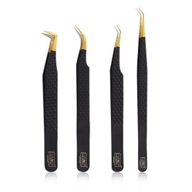 HADIZ Set of 4 Fiber Tip Diamond Grip Eyelash Extensions Tweezers Japanese Stainless Steel Lash Tweezer(Black)