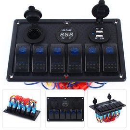 Switch Panel Boat Marine Switch Panel 6 Gang ON-Off Ignition Switch Waterproof Switch Panel with Dual USB Charger, LED Voltmeter and Socket for Car Truck Yacht