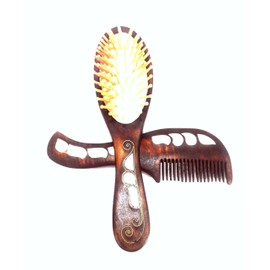 Traditional Touch Handmade Mother of Pearl Engraved Wooden and Bamboo Comb Set