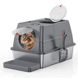 Stainless Steel Litter Box with Lid XL Large Enclosed High Sided Covered Metal Steel Cat Litter Box with Steps Scoop, Easy Cleaning with High Sided Enclosure & Scoop Non-Sticky, Anti-Leakage