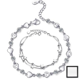 TDWE Women's 925 Silver Bracelet, 2 Pieces, Women's 925 Silver Bracelet, Women's Hearts, Shiny Crystal Diamond, Adjustable Love Heart Bracelets for Women, Gifts for Women and Girls, Sterling Silver