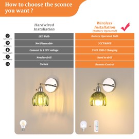 Shenmoyl Battery Operated Wall Sconce with Green Tulip Glass Lampshade Rechargeable Wireless Wall Light with Remote Control for Bedside Bedroom Doorway, Silver, Set of 2