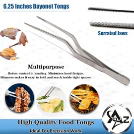 6.25 Inch Professional Culinary Stainless Steel Precision Tongs Offset Serrated Tip, Plating/Food Presentation Serving Tongs, Chef's Kitchen Offset Tweezer Tongs - Ultra Non-Slip Grip