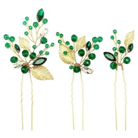 AIMALL 3 PCS Handmade U-Shaped Emerald Green Rhinestone Hairpins, Bride Wedding Hair Accessories with Delicate Green Leaves, Elegant Alloy Metal Pins for Wedding Photoshoots