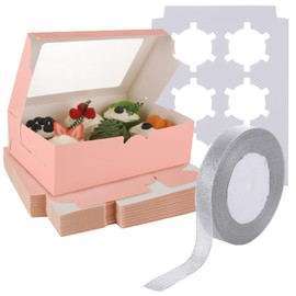 LDXDRU 50 Pack Cupcake Boxes 6 Count, 6 Cupcake Boxes with Insert & Window & Gift Ribbons, Disposable Cupcakes Carrier, Cupcake Containers 6 Count for Cupcakes Muffins Cookies Pastries (Pink)