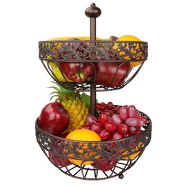 ROSYLINE 2 tier fruit basket, fruit bowl, multi-purpose kitchen and living room storage fruit and vegetable basket (Bronze gold)