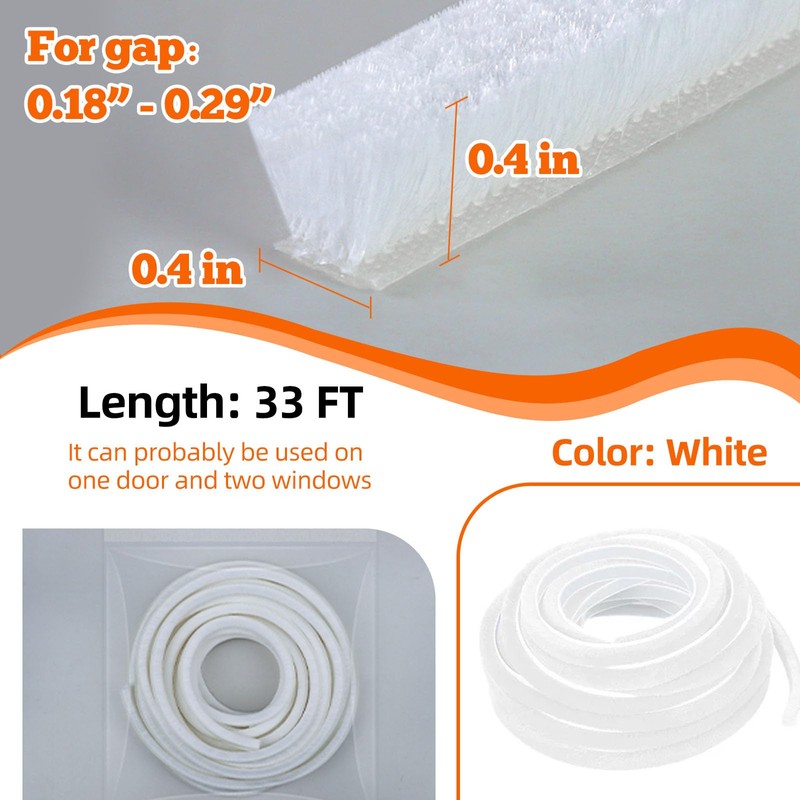 Brush Weather Stripping,0.35inx33Feet,Soundproofing Door,Window Insulation Seal,Energy Saver, Dust Proof, Adhesive