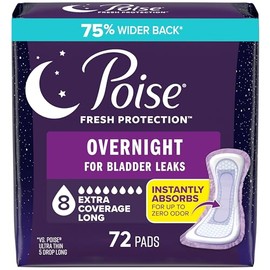Poise Toallas Nocturnas para Incontinencia y Posparto para Fugas de Vejiga, 8 Gotas de Cobertura Extra, 72 Unidades (2 Paquetes de 36), El Embalaje Pu